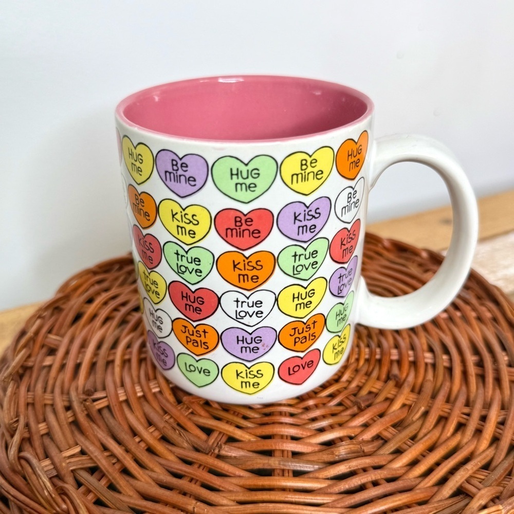 Vintage 1986 Chris Davenport Enesco Conversation Hearts Coffee Mug Pink Interior - Picture 6 of 16